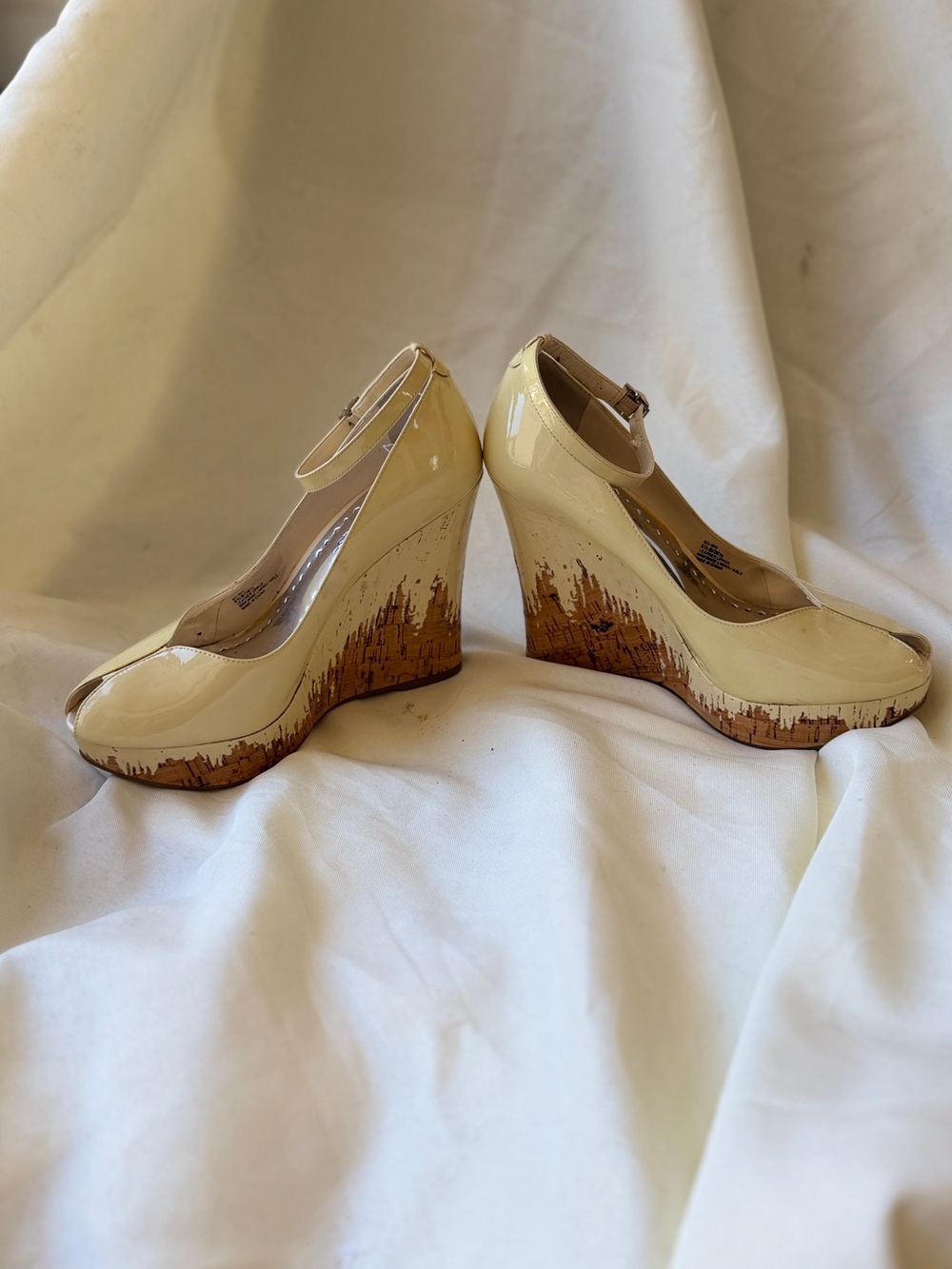 BCBGirls Cream Patent Peep-Toe Ankle Strap Wedges - Picture 2 of 6